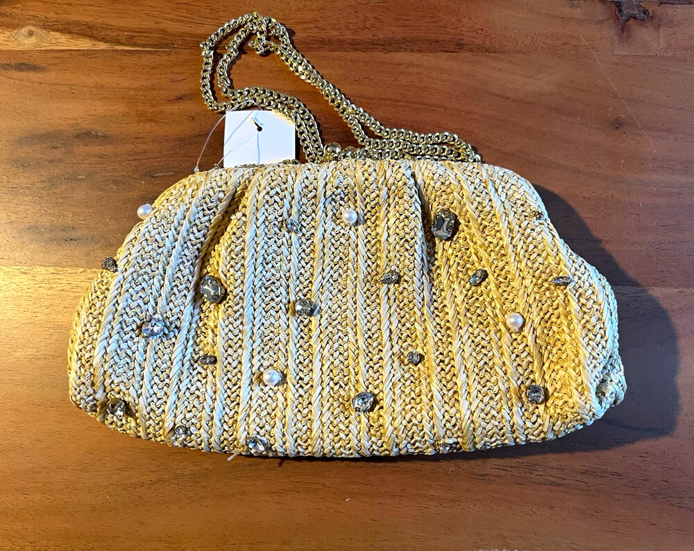 J.Crew Beige Woven Straw Kiss Lock Clutch Gold Chain Strap Beaded Accents. NWT